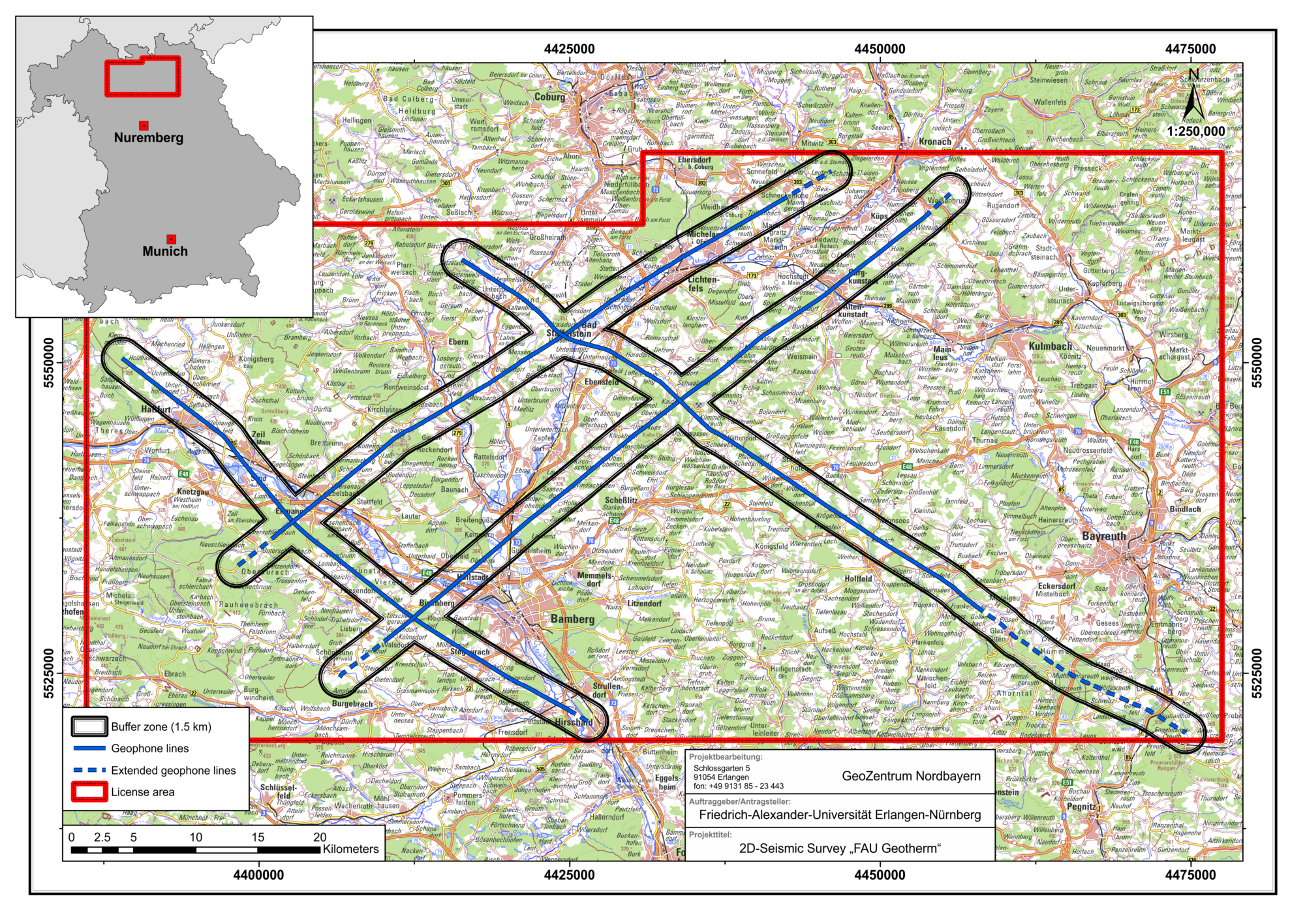 Planned course of the 2D seismic survey in Franconia (basic data: Bayerische Vermessungsverwaltung - www.geodaten.bayern.de) (Created by: Andreas Eberts)