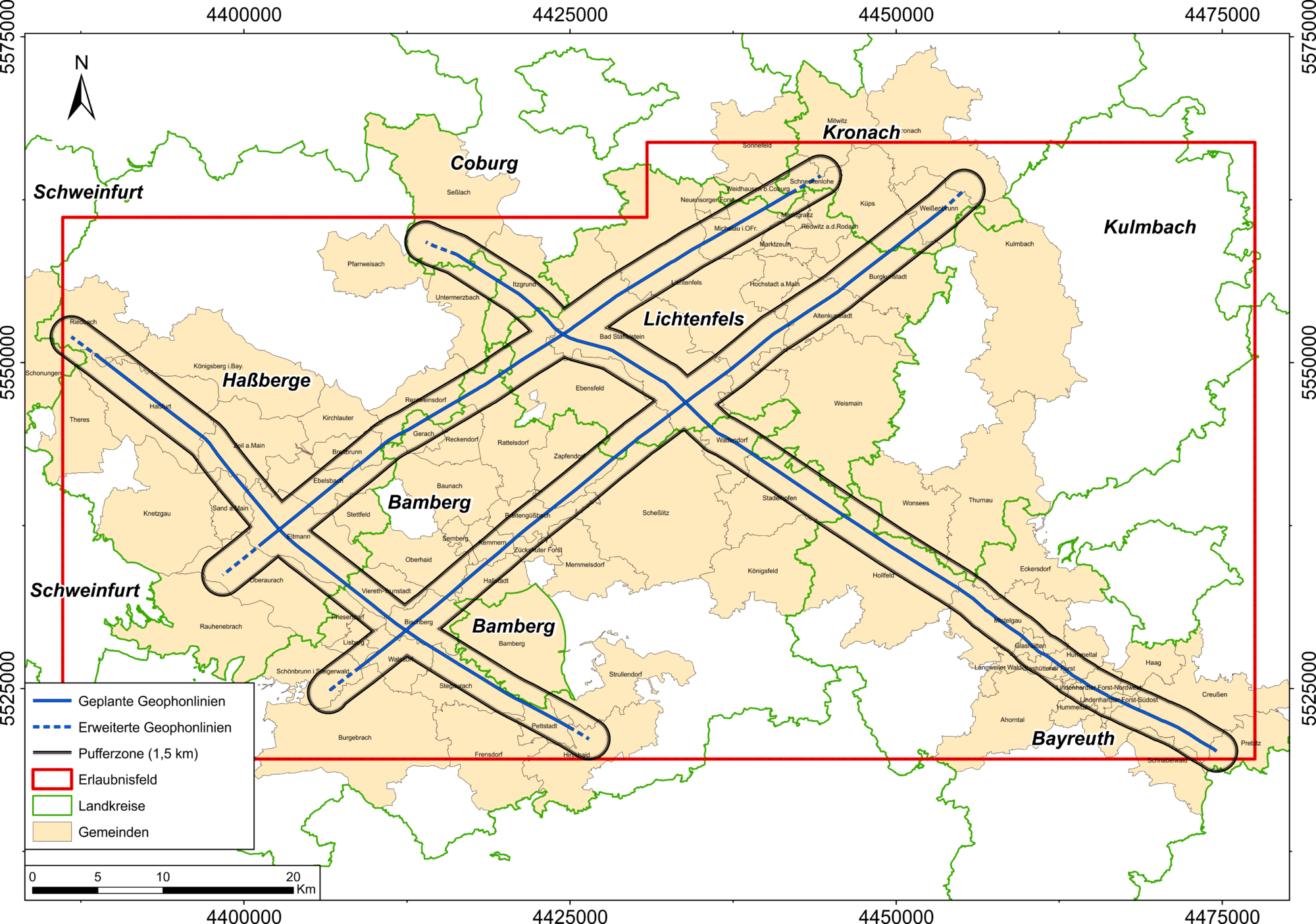 General map 2D seismic survey of Franconia with geophone lines (basic data: Bayerische Vermessungsverwaltung - www.geodaten.bayern.de) (Created by: Andreas Eberts)